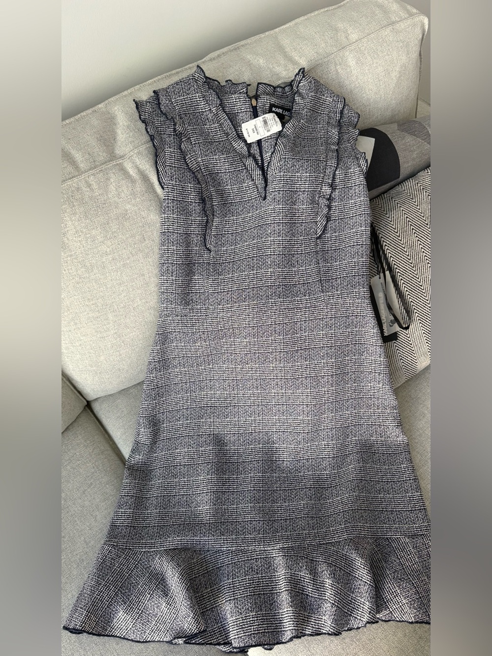 Karl Lagerfeld Gray Check Ruffle-Trim Midi Dress